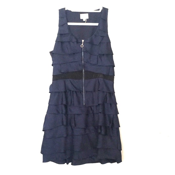 Navy Ruffle Front Zip Dress - Picture 1 of 6